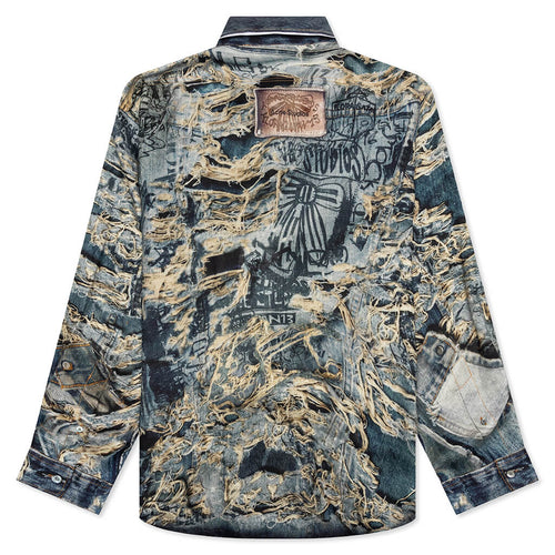 Trompe Loeil Distressed Denim Print Button Up Fn Mn Shir000872 Denim Blue