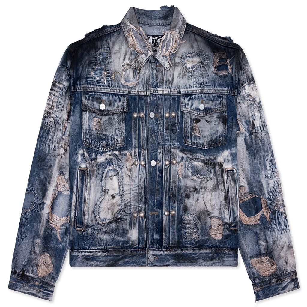 Hard Washed Damaged Denim Jacket Blue