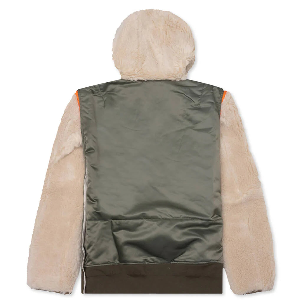 Faux Shearling Nylon Twill Blouson Khaki Ecru