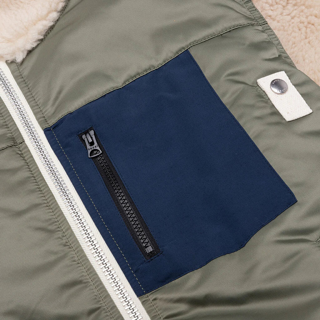 Faux Shearling Nylon Twill Blouson Khaki Ecru