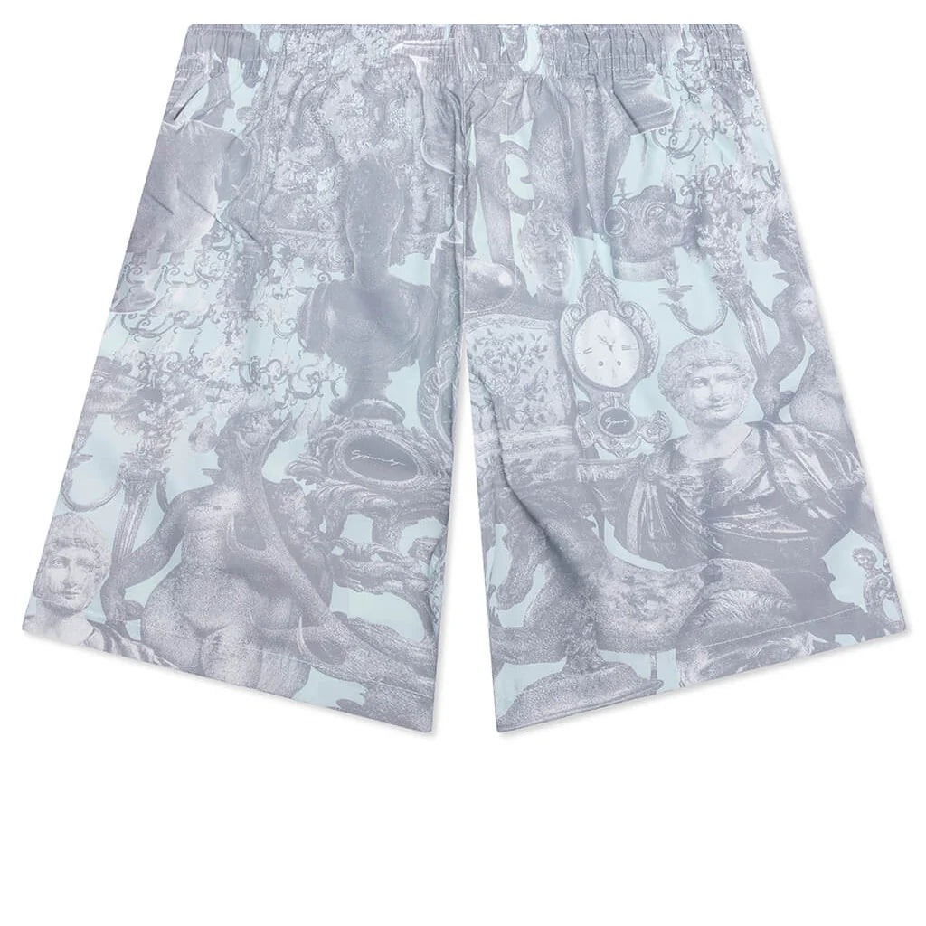 Linen Bermuda Swim Shorts with Hubert Objects Print Prussian Blue Grey