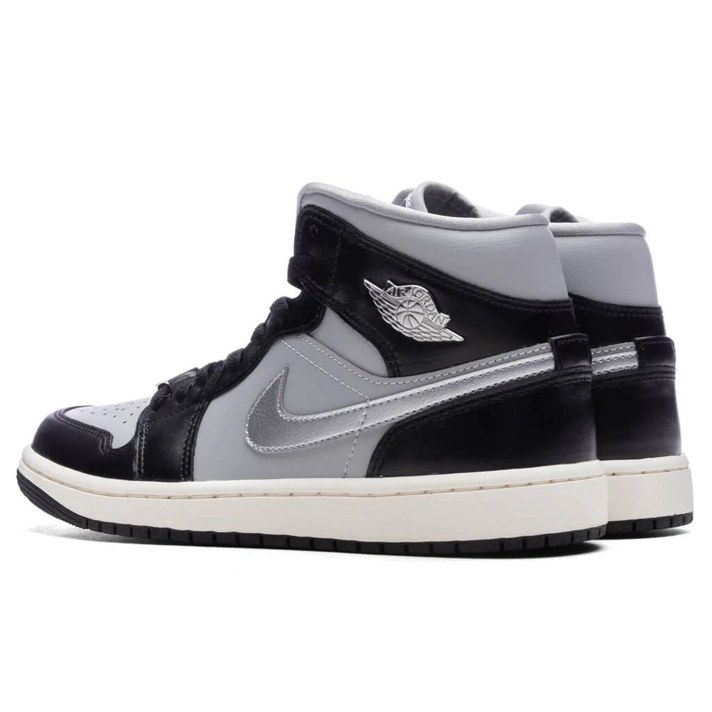 Womens Air Jordan 1 Mid SE Black Metallic Silver Light Smoke Grey