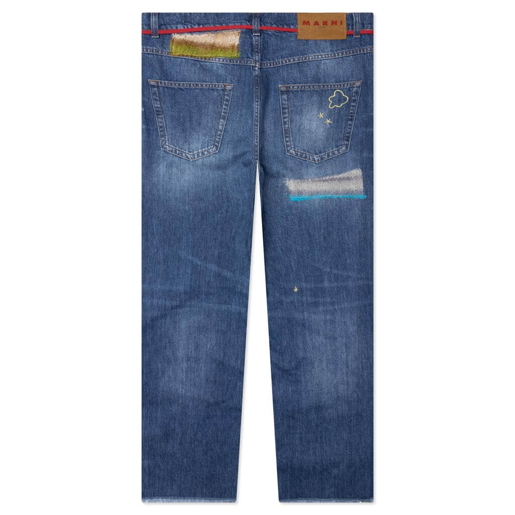 Blue Organic Denim Jeans With Mohair Patches Iris Blue