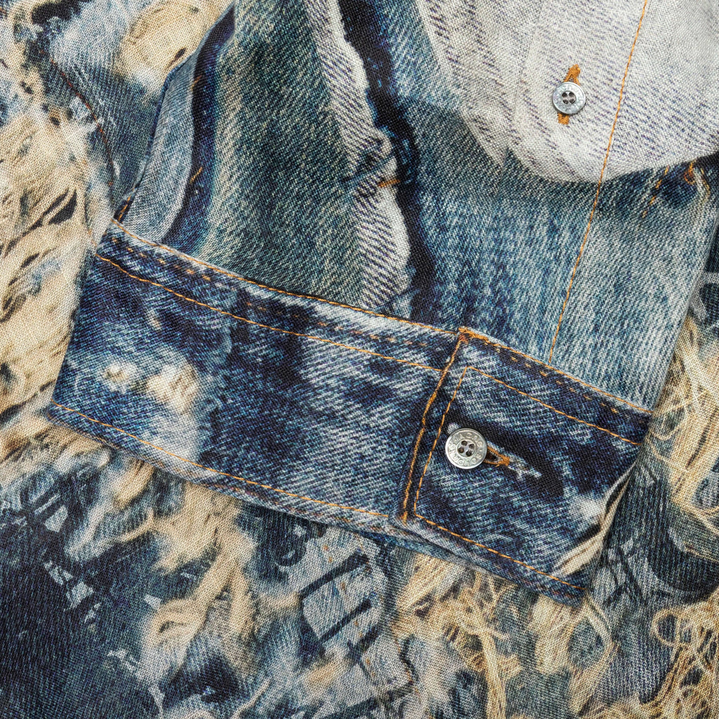 Trompe Loeil Distressed Denim Print Button Up Fn Mn Shir000872 Denim Blue